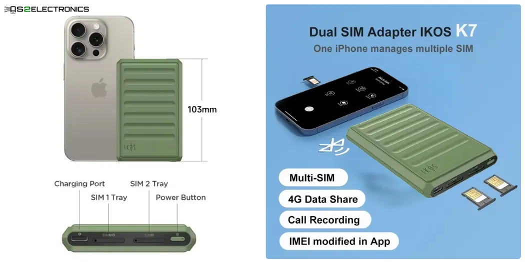 IKOS K7 デュアルSIMアダプター 本体 IKOS K7 Dual SIM Adapter for iPhone – 4G Support ✓